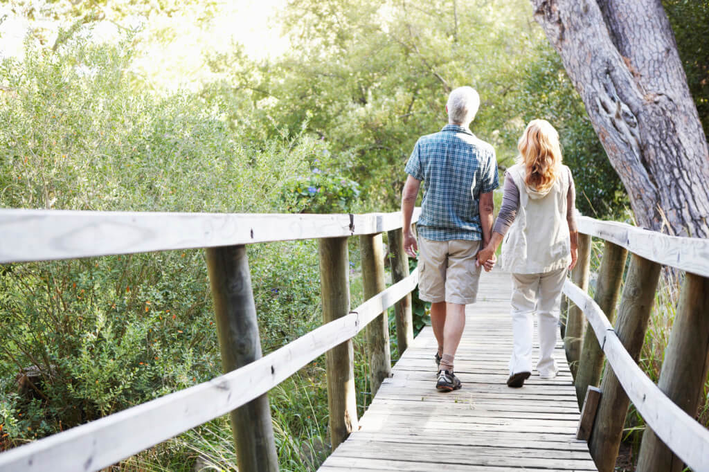 Rearview of a senior couple walking across a bridge in the wilderness