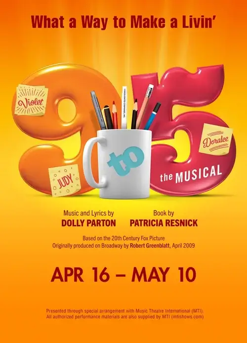 Grpahic from Riverside Theatre for 9 to 5: The Musical.
