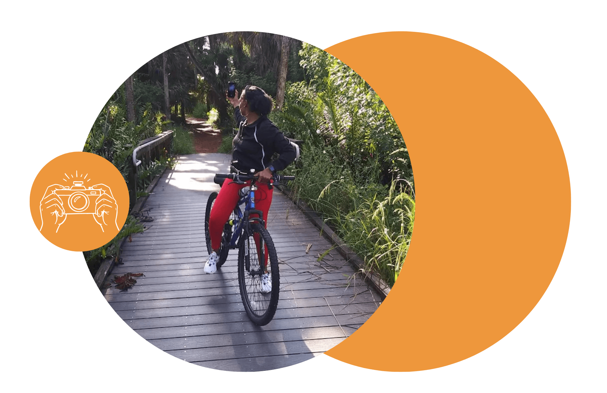 Indian River County photo contest graphic of women riding bike taking a picture of at lagoon greenway.